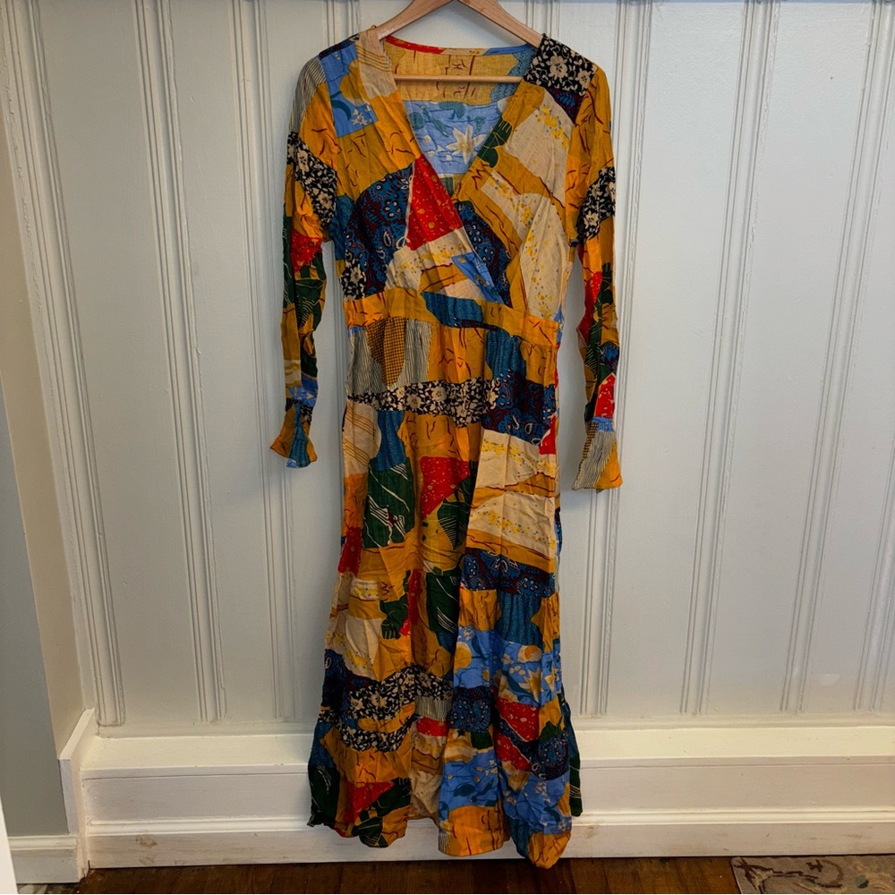 Artsy Boho Color Block Wrap Front Maxi Dress Mult… - image 1